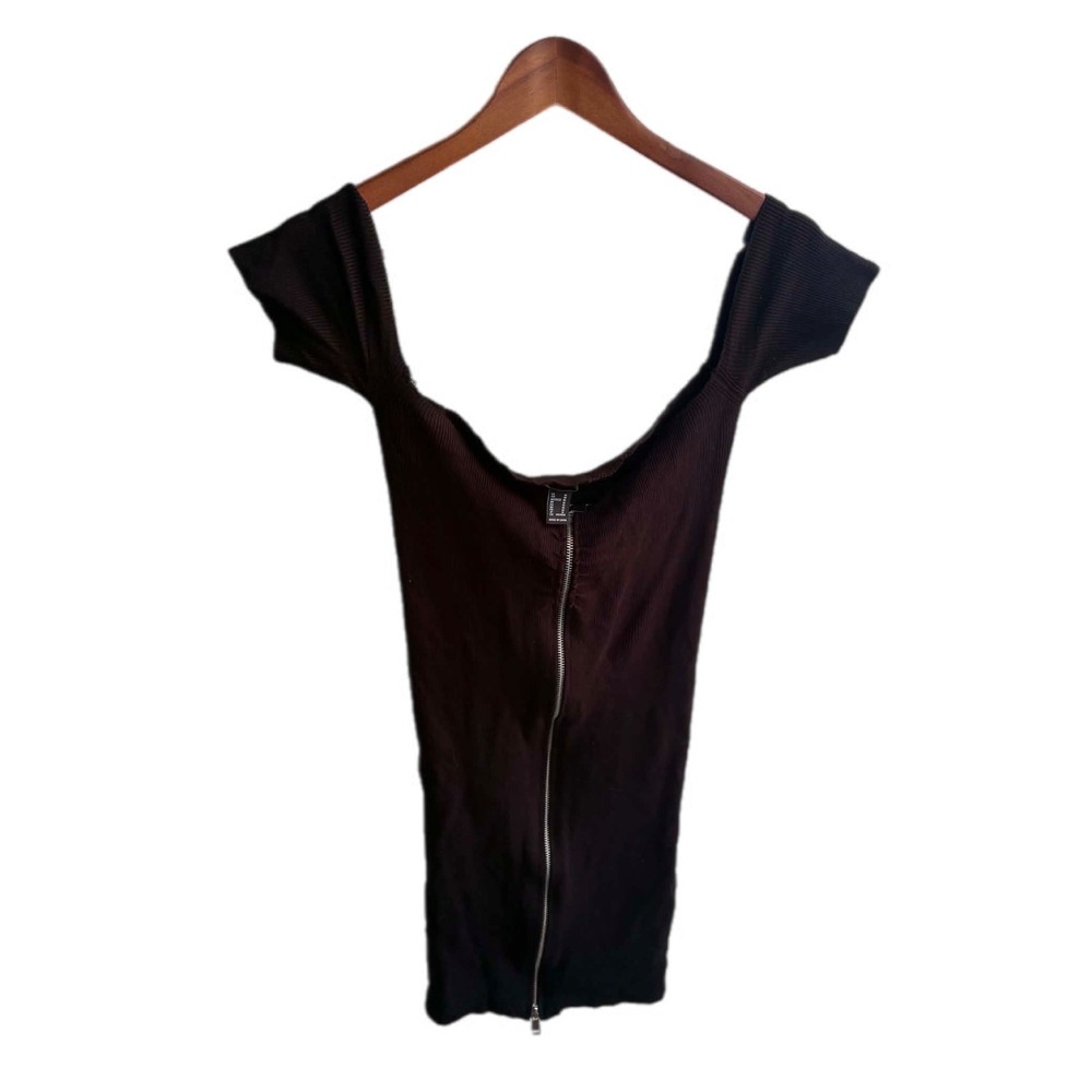 Forever 21 Full Zip Ribbed Top Womens Medium Brown Excellent Off Shoulder